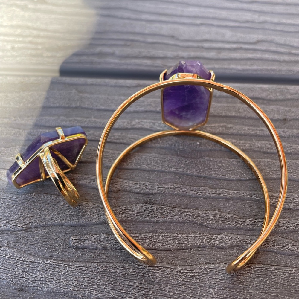 Amethyst Statement Set Adjustable Gold Cuff & Rin… - image 4